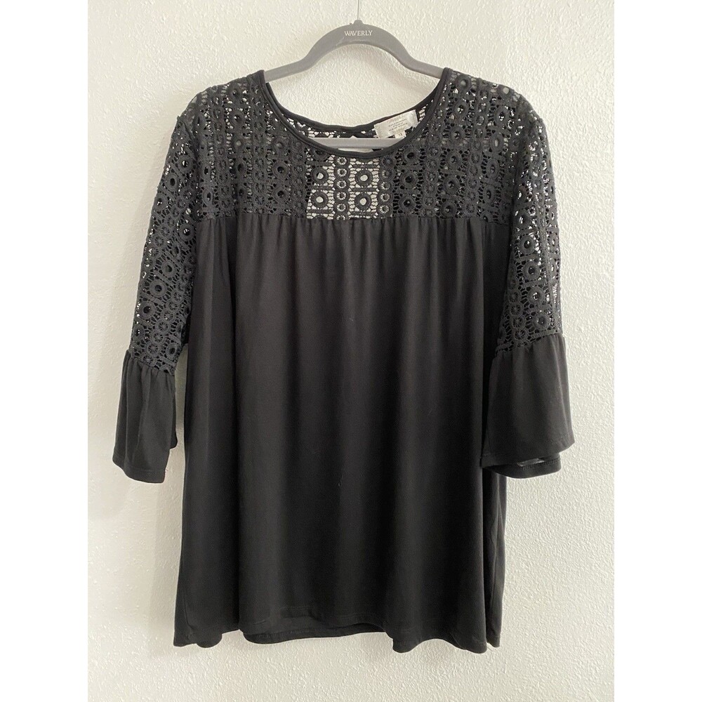 Shannon Ford New York Black Knit Blouse 1X Crochet 3/4 Sleeve Cottage Boho J19